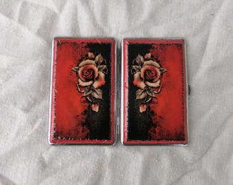 Red And Black Rose Cigarette Case, Decorated Cigarette Box, Metal Cigarette Holder, Double Sided Cigarette Box, Business Card ID Wallet