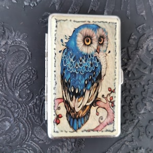 Portasigarette a forma di gufo, portasigarette in metallo argentato, scatola per sigarette decorata, scatola per sigarette bifacciale con decoupage, porta biglietti da visita