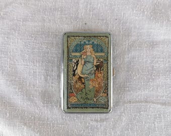 Woman Cigarette Case, Decorated Cigarette Box, Metal Cigarette Holder, Decoupage Double Sided Cigarette Box, Business Card ID Holder Wallet