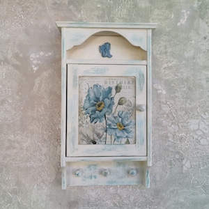 Wooden Key Box, Blue Flowers Wall Key Holder, Wall Cabinet, Wall Key Cabinet, Rustic Wall Cabinet, Key Storage Cabinet, Wall Key Organizer