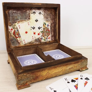 Scatola per carte da gioco per 2 mazzi di carte da poker, scatola di legno, regalo per giocatori di poker, porta carte da gioco in legno, scatola da poker fatta a mano per 2 mazzi
