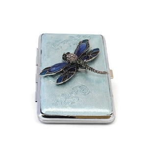 Libelle verziert Zigarettenetui Blau Schmetterling Zigarettenhalter Metall doppelseitig Silber Zigarette Box Visitenkarte ID Halter Brieftasche