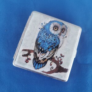 Étui à cigarettes hibou, boîte à cigarettes décorée, boîte à cigarettes double face à découpage, porte-monnaie double 80 mm pour carte de visite