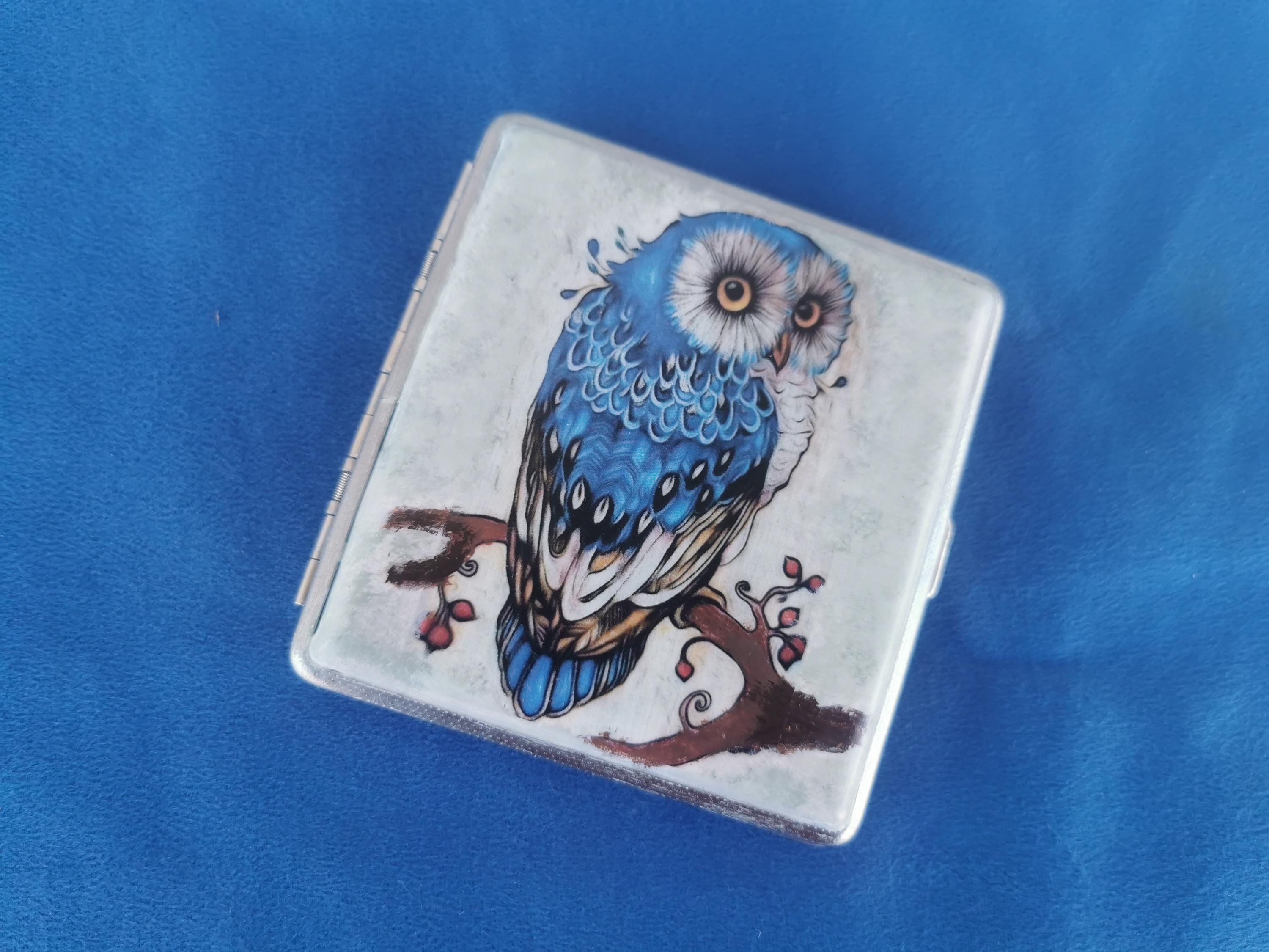 Owl Cigarette Case, Decorated Cigarette Box, Decoupage Double Sided Cigarette Box, Business Card ID Wallet Double 80mm Cigarette Holder