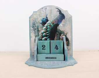 Peacock Wooden Perpetual Calendar Eternal Desktop Calendar Home Block Calendar Wood Tabletop Calendar Rustic Calendar Office Desk Accessory