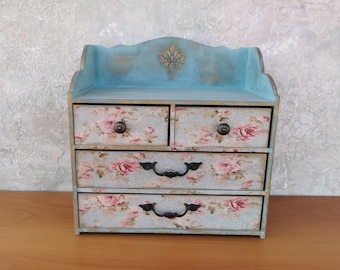 Shabby Chic Wooden Jewelry Box: Handmade Floral Trinket Dresser
