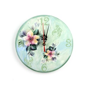 Handmade Wooden Wall Clock: Blue & Green Flower Design