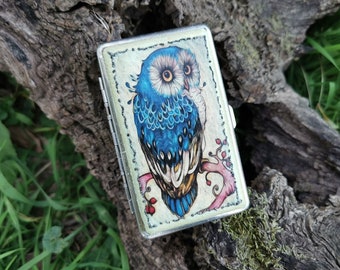 Owl Cigarette Case, Metal Silver Cigarette Holder, Decorated Cigarette Box, Decoupage Double Sided Cigarette Box, Business Card ID Wallet