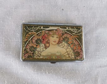 Cigarette Case, Metal Silver Cigarette Holder, Decorated Cigarette Box, Decoupage Double Sided Cigarette Box, Business Card ID Wallet, Gifts
