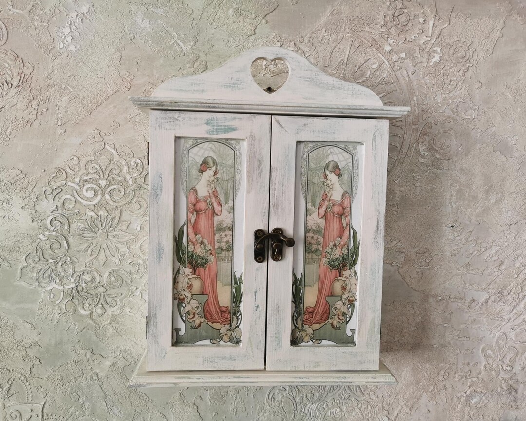 Wooden Key Box Wall Organizer – Hand Decorated Shabby Chic Key Holder ...