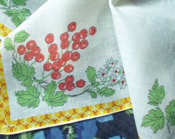 Vintage Printed Handkerchief - 60s/70s - Red berries and grey flowers on white cotton - May have been used