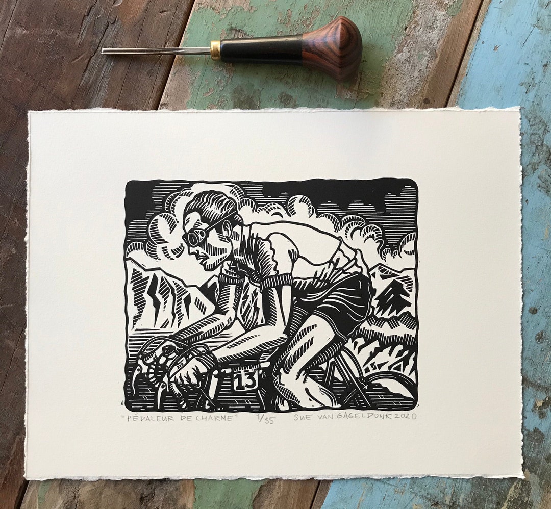 LAST PRINT LEFT // Pédaleur De Charme // Original Linocut Etsy