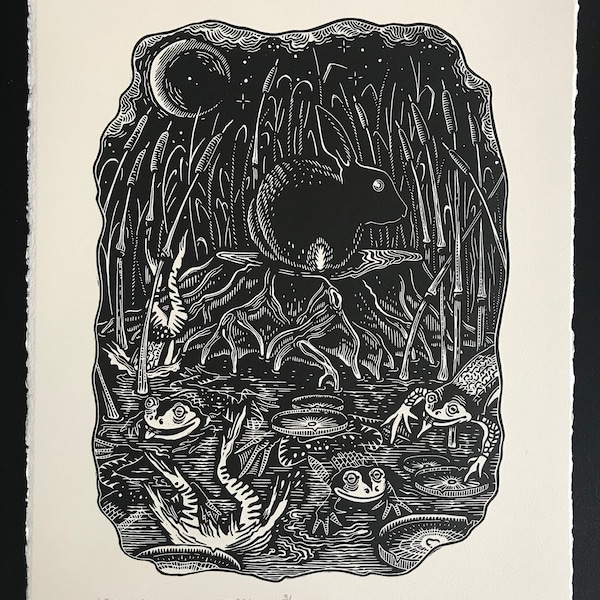 The Hare and the Frogs // Original linocut