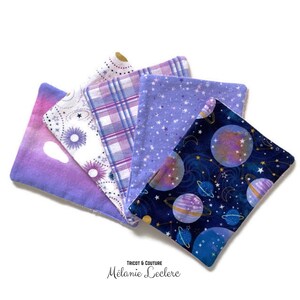 Lot de 5 lingettes lavables, douce pour bébé, flanelle et ratine - Lune, astres, étoiles