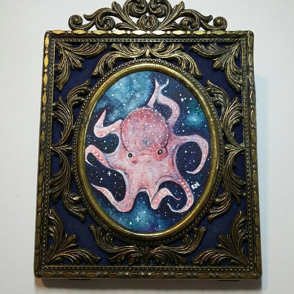 Common Octopus Painting - Framed Cephalopod Art - Vintage Frame - Nautical Watercolour Art