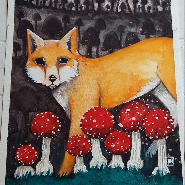 Red Fox and Mushrooms - Wildlife Watercolour Painting - Original Artwork