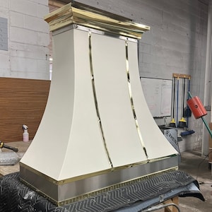 Mixed Metals Sweep White Stainless Steel Custom Range Hood with Polished Brass Bands
