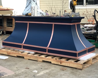 Blue Range Hood with Copper Straps, Kitchen Vent Hoods
