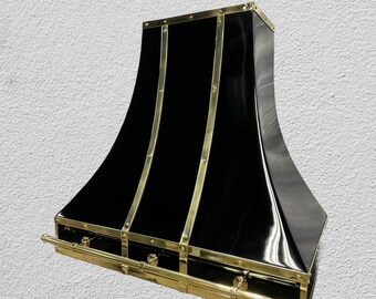 Glossy Black and Polished Brass Range Hood - Custom Vent Hood for Elegant Interiors.