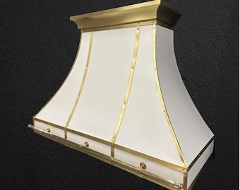 Sweep White Stainless Steel Custom Range Hood with Brass Trims and Crown