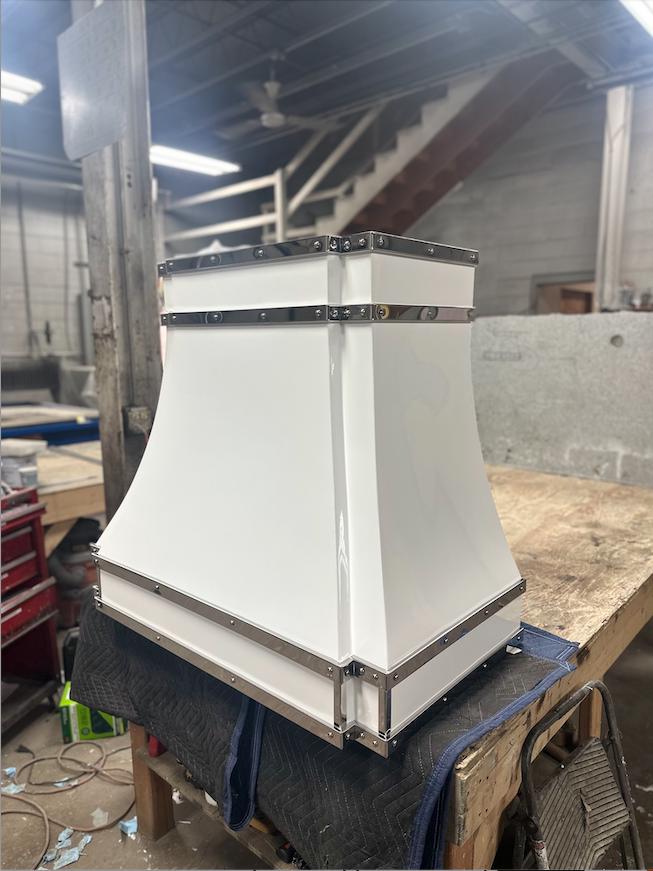 Custom Painted White Range Hood With Polished Stainless Steel Straps — free download