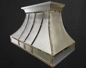 Light Zinc Range Hood with Polished Brass Straps – Custom Handmade Kitchen Hood – Luxury Zinc Vent Hood – Modern Farmhouse Kitchen Decor