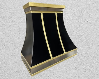 Custom Black Range Hood with Polished Brass Straps and Stainless Accents – Luxury Kitchen Ventilation