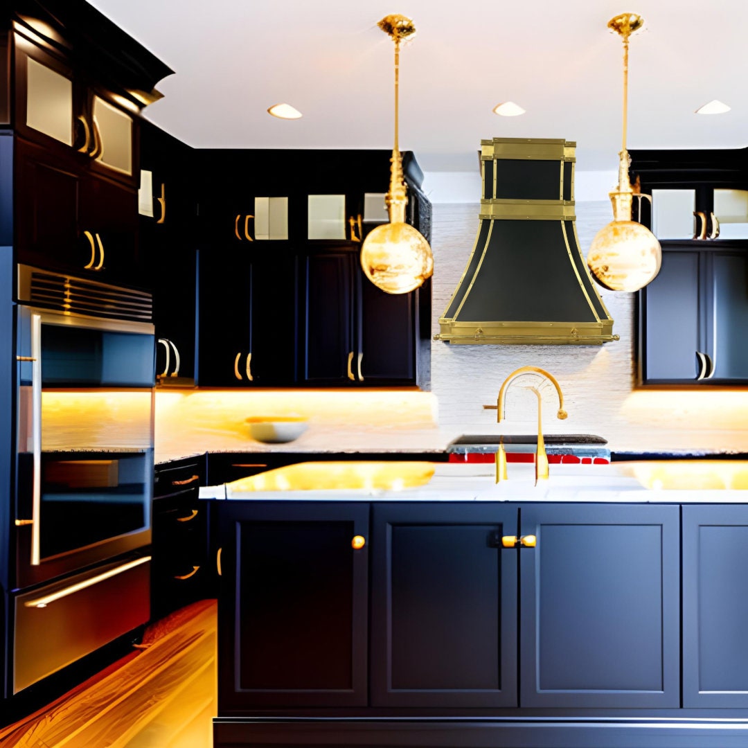 Custom Black With Brass Straps Kitchen Range Hood Custom Metal Range