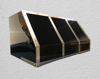 Custom Black Painted Polished Stainless Steel Range Hood with Polished Brass Straps – Modern Luxury Kitchen Vent Hood