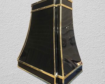 Black Polished Stainless Steel Range Hood with Polished Brass Straps – Luxury Custom Kitchen Vent Hood – Modern Statement Piece