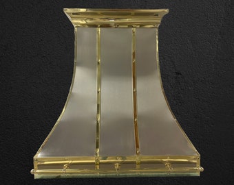Curved Stainless Steel Range Hood With Polished Brass Strapping & Buttons