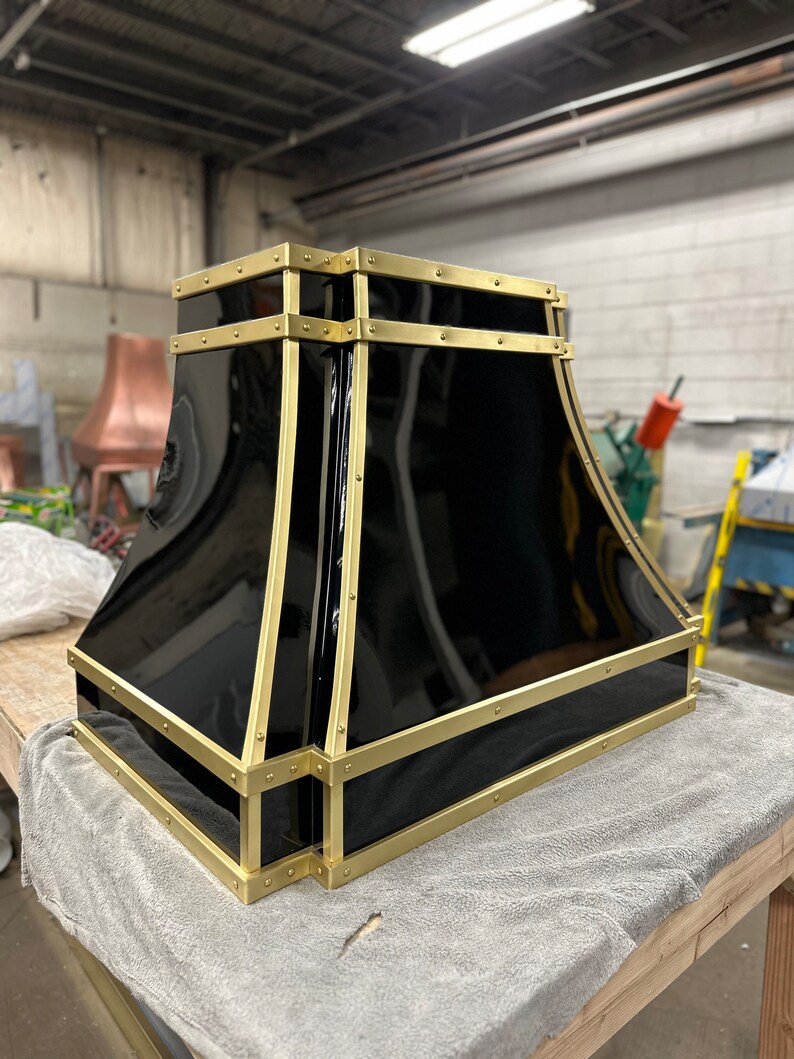 Custom Range Hood Glossy Black Hood With Brass Trims Etsy