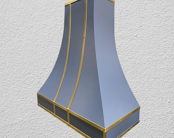 Light Blue Custom Range Hood with Polished Brass Straps | Modern Luxury Kitchen Vent Hood