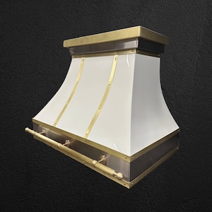 Curved Stainless Steel and Brass Custom Range Hood with Accent Rail, Made to Order