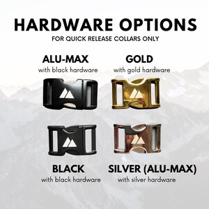 K&ouml;nnte beinhalten: Vier verschiedene Hardware-Optionen f&uuml;r Schnellverschlusskragen. Die Optionen sind: Alu-Max mit schwarzer Hardware, Gold mit goldener Hardware, Schwarz mit schwarzer Hardware und Silber (Alu-Max) mit silberner Hardware.