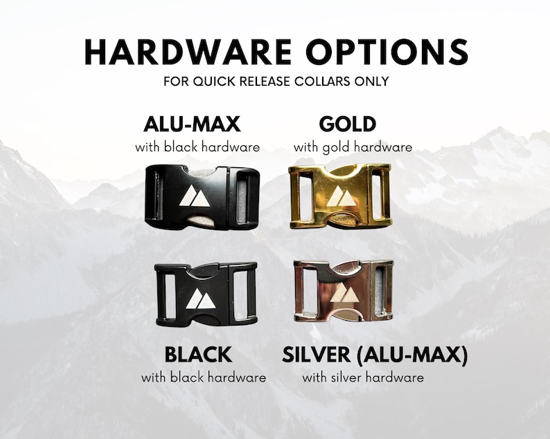 K&ouml;nnte beinhalten: Vier verschiedene Hardware-Optionen f&uuml;r Schnellverschlusskragen. Die Optionen sind: Alu-Max mit schwarzer Hardware, Gold mit goldener Hardware, Schwarz mit schwarzer Hardware und Silber (Alu-Max) mit silberner Hardware.