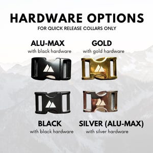 K&ouml;nnte beinhalten: Vier verschiedene Hardware-Optionen f&uuml;r Schnellverschlusskragen. Die Optionen sind: Alu-Max mit schwarzer Hardware, Gold mit goldener Hardware, Schwarz mit schwarzer Hardware und Silber (Alu-Max) mit silberner Hardware.