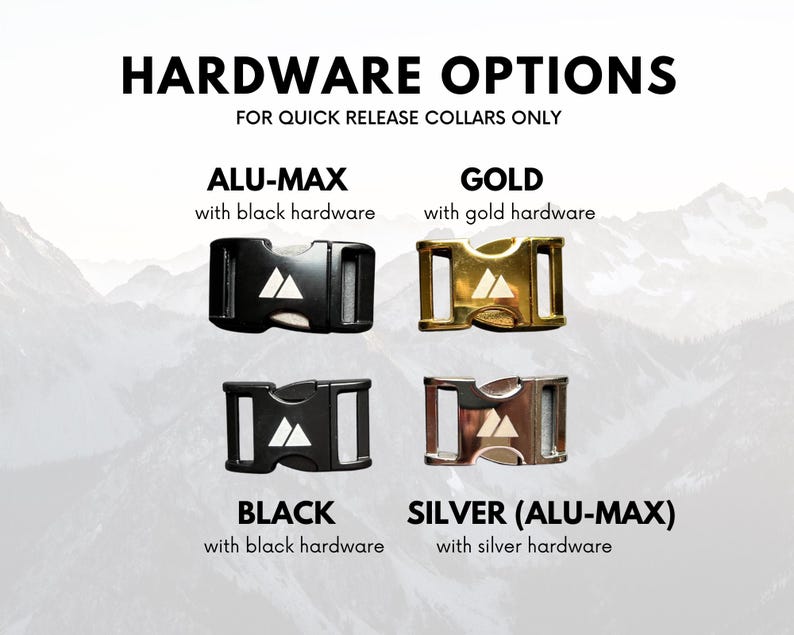 K&ouml;nnte beinhalten: Vier verschiedene Hardware-Optionen f&uuml;r Schnellverschlusskragen. Die Optionen sind: Alu-Max mit schwarzer Hardware, Gold mit goldener Hardware, Schwarz mit schwarzer Hardware und Silber (Alu-Max) mit silberner Hardware.