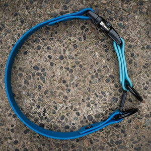 K&ouml;nnte beinhalten: Ein blaues Hundekragen aus Gummi mit einer schwarzen Schnalle und einem schwarzen Metall-D-Ring.