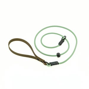 May include: A sage green and brown dog leash. The leash features a loop handle and a long, coiled cord. The handle is brown with a leather-like appearance. The cord is a light green color, with black connectors and a black stopper.