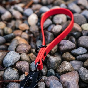 May include: A red and black dog leash with a metal clip. The leash is made of a soft, flexible material and is lying on a bed of small, gray rocks.