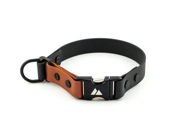 May include: A black and brown dog collar with a metal buckle. The collar has a D-ring for attaching a leash.