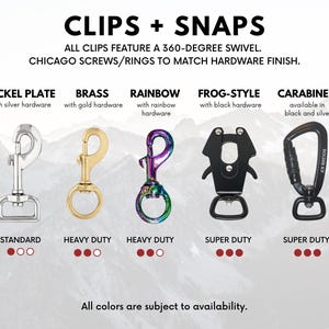 May include: Five different types of clips and snaps for attaching leashes or other accessories to collars. The clips are available in nickel, brass, rainbow, frog-style, and carabiner styles.  All clips feature a 360-degree swivel and Chicago screws/rings to match hardware finish.