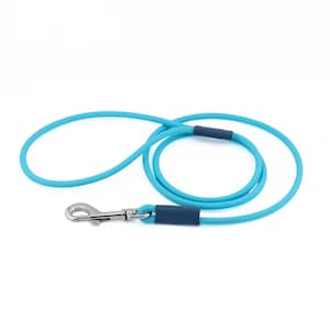 May include: A turquoise dog leash with a silver metal clasp. The leash is made of a flexible, rounded material and features dark blue accents near the clasp and handle. The leash is designed for pet owners.
