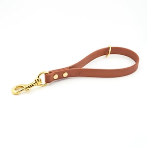 May include: A brown leather dog leash with gold hardware and a small gold ring. The leash is about 2 feet long.