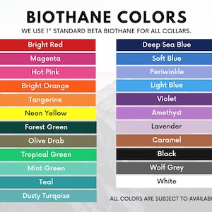 K&ouml;nnte beinhalten: Eine Tabelle, die die verschiedenen Biothane-Farben zeigt, die f&uuml;r Halsb&auml;nder verf&uuml;gbar sind. Die Farben umfassen leuchtendes Rot, Magenta, Pink, leuchtendes Orange, Mandarine, Neon-Gelb, Waldgr&uuml;n, Olivgr&uuml;n, Tropengr&uuml;n, Minzgr&uuml;n, T&uuml;rkis, staubiges T&uuml;rkis, Tiefseeblau, Hellblau, Periwinkle, Hellblau, Violett, Amethyst, Lavendel, Karamell, Schwarz, Wolfsgrau und Wei&szlig;. Der Text "WE USE 1" STANDARD BETA BIOTHANE FOR ALL COLLARS." befindet sich oben in der Tabelle. Der Text "ALL COLORS ARE SUBJECT TO AVAILABILITY." befindet sich unten in der Tabelle.