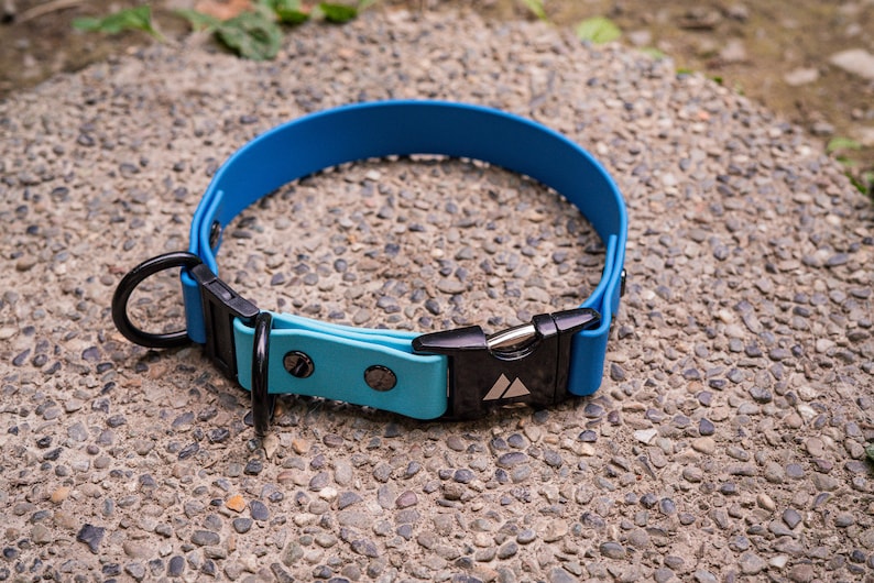 K&ouml;nnte beinhalten: Ein blaues Hundekragen aus Gummi mit einer schwarzen Schnalle und einem silbernen Metallring. Die Schnalle hat ein Dreieckslogo.