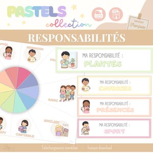 May include: A digital educational chart titled PASTELS collection RESPONSABILITÉS featuring a colorful segmented wheel and rectangular boxes with illustrations of children performing tasks like watering plants, collecting mail, and sports.