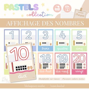 Op de afbeelding: Een set pastelkleurige educatieve posters met de getallen 1-20, met visuele representaties met behulp van tienframes en vingers. De tekst bevat "AFFICHAGE DES NOMBRES" en "PASTELS collection". Direct downloaden.