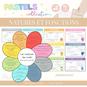 Affichage de grammaire | Natures et fonctions des mots | Outil pédagogique pour le Français | modifiable sur Canva & PDF